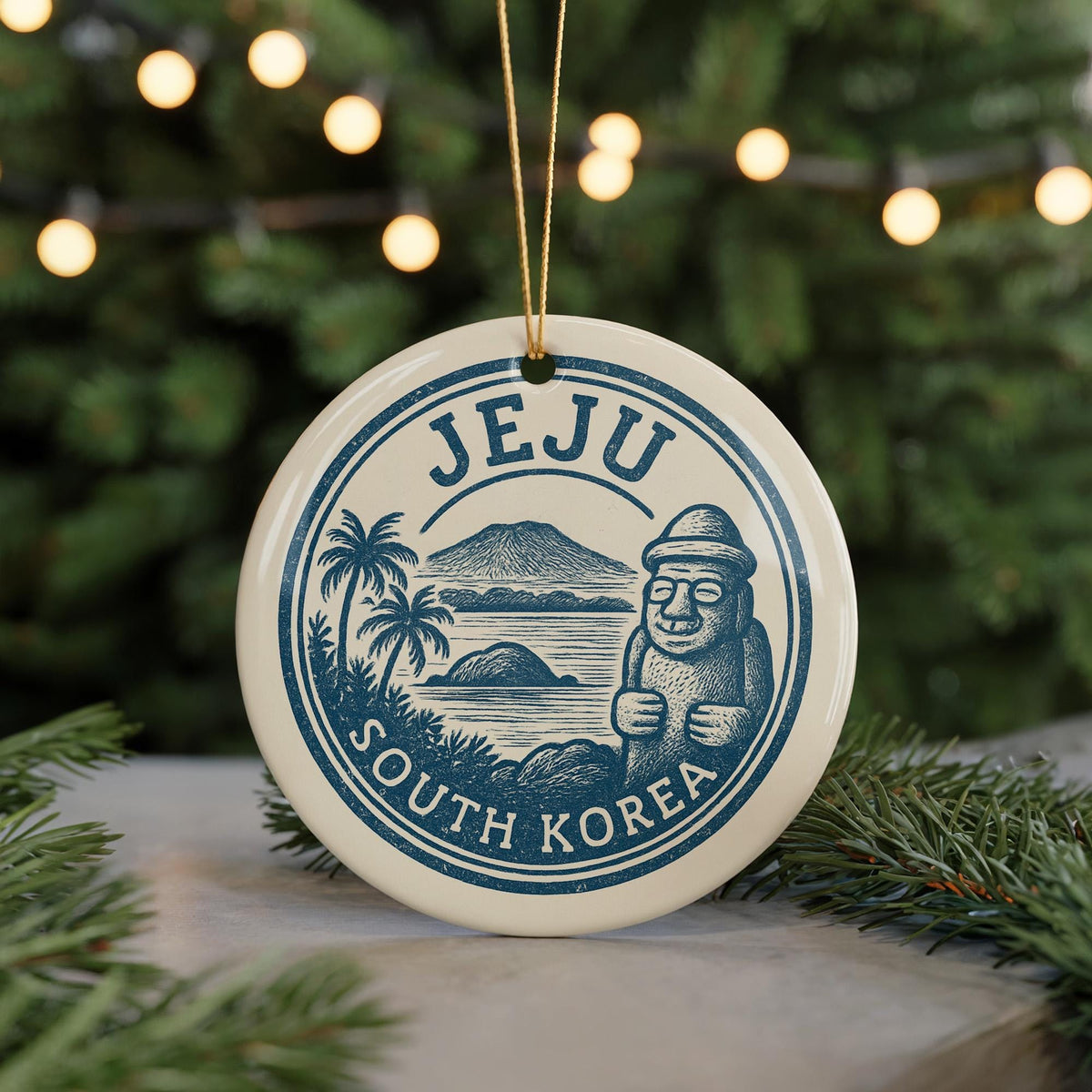 Jeju South Korea Ceramic Ornament – Circular Stamp Style Travel Souvenir, Korean Island Keepsake, Rustic Holiday Decor — photo 5