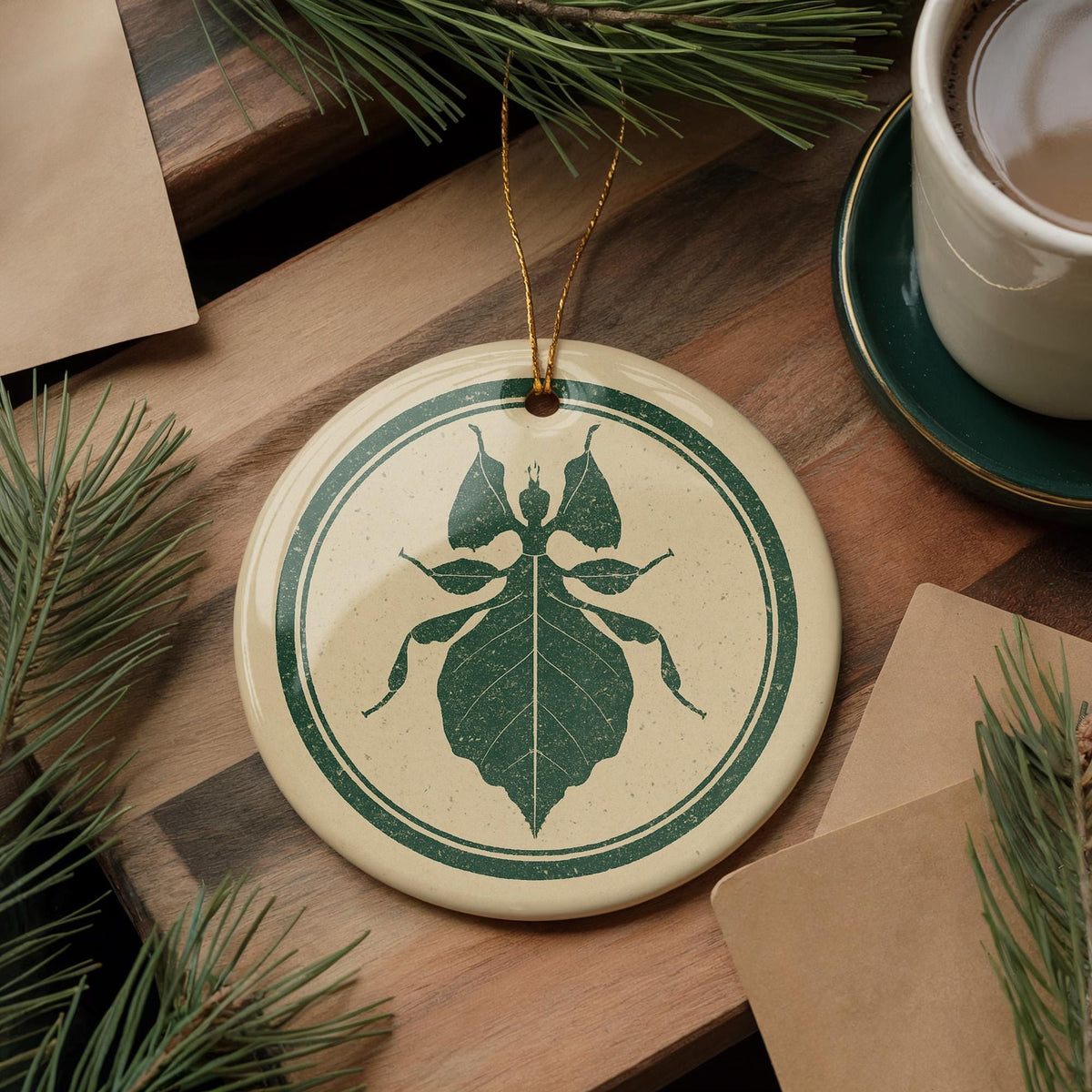 Leaf Insect Ceramic Ornament – Circular Nature Stamp Style Bug Art, Insect Lover Gift, Botanical Home Decor — photo 4
