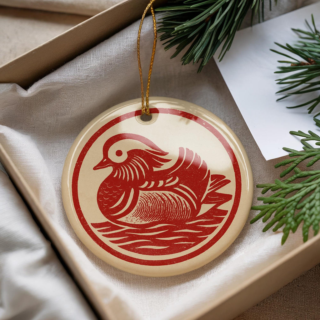 Mandarin Duck Ceramic Ornament – Circular Stamp Style Animal Art, Handcrafted Wildlife Bird Holiday Decoration — photo 2