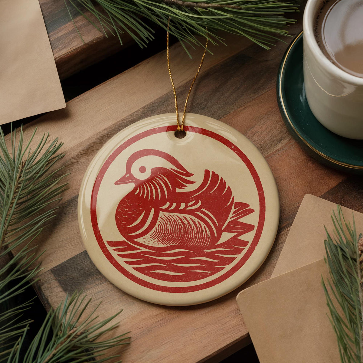 Mandarin Duck Ceramic Ornament – Circular Stamp Style Animal Art, Handcrafted Wildlife Bird Holiday Decoration — photo 3