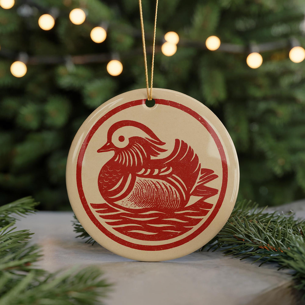 Mandarin Duck Ceramic Ornament – Circular Stamp Style Animal Art, Handcrafted Wildlife Bird Holiday Decoration — photo 5