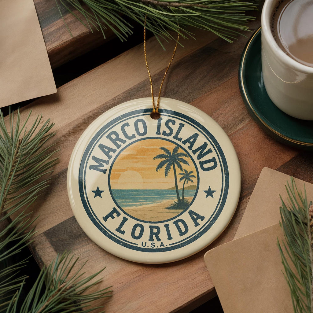 Marco Island Florida Ceramic Ornament – Circular Stamp Style Beach Souvenir, Coastal Christmas Tree Decor Gift — photo 1