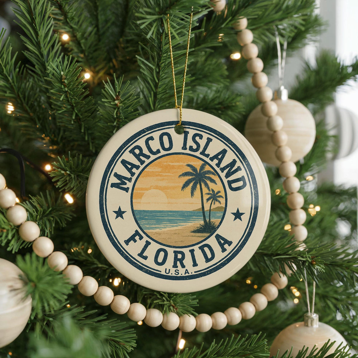 Marco Island Florida Ceramic Ornament – Circular Stamp Style Beach Souvenir, Coastal Christmas Tree Decor Gift — photo 2