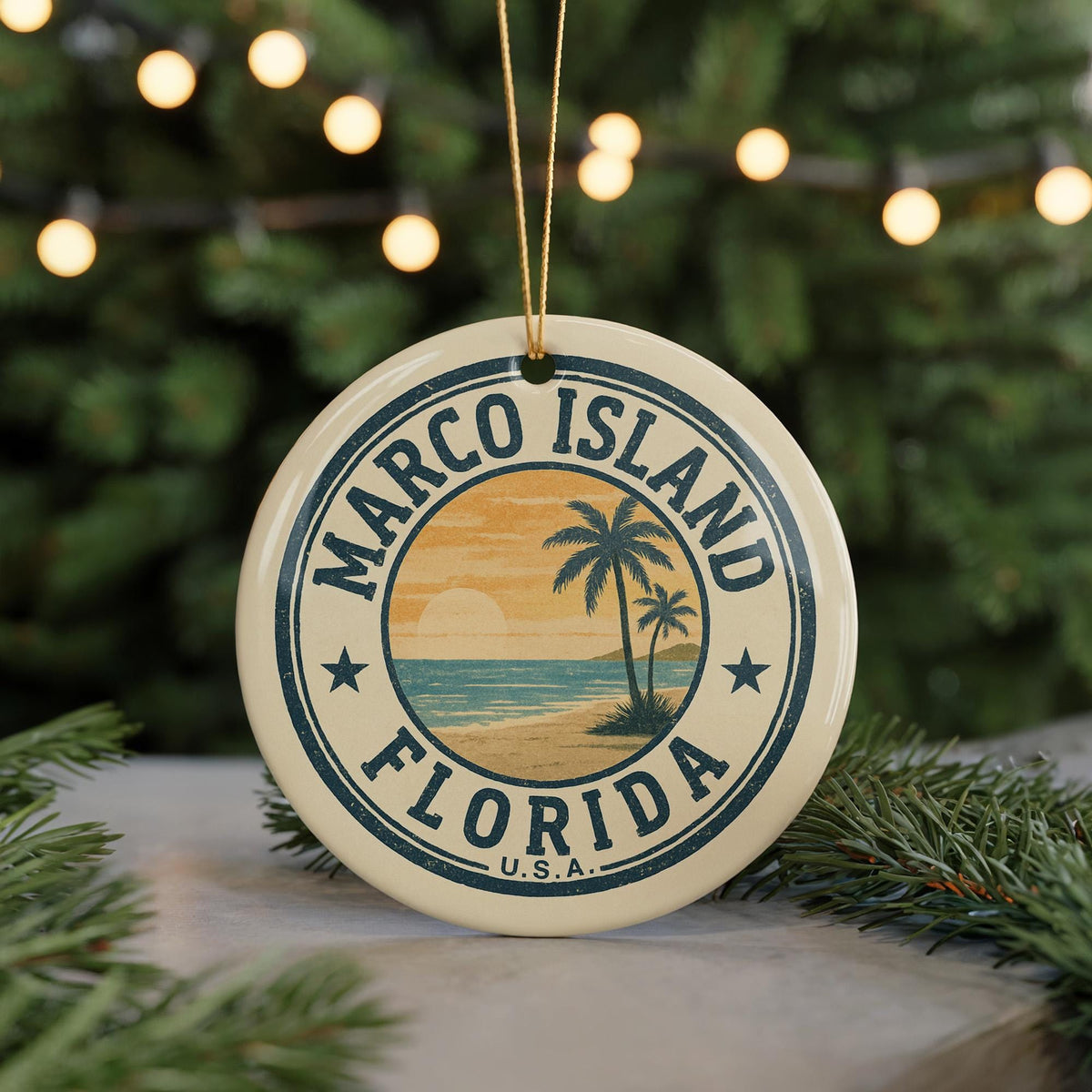 Marco Island Florida Ceramic Ornament – Circular Stamp Style Beach Souvenir, Coastal Christmas Tree Decor Gift — photo 5