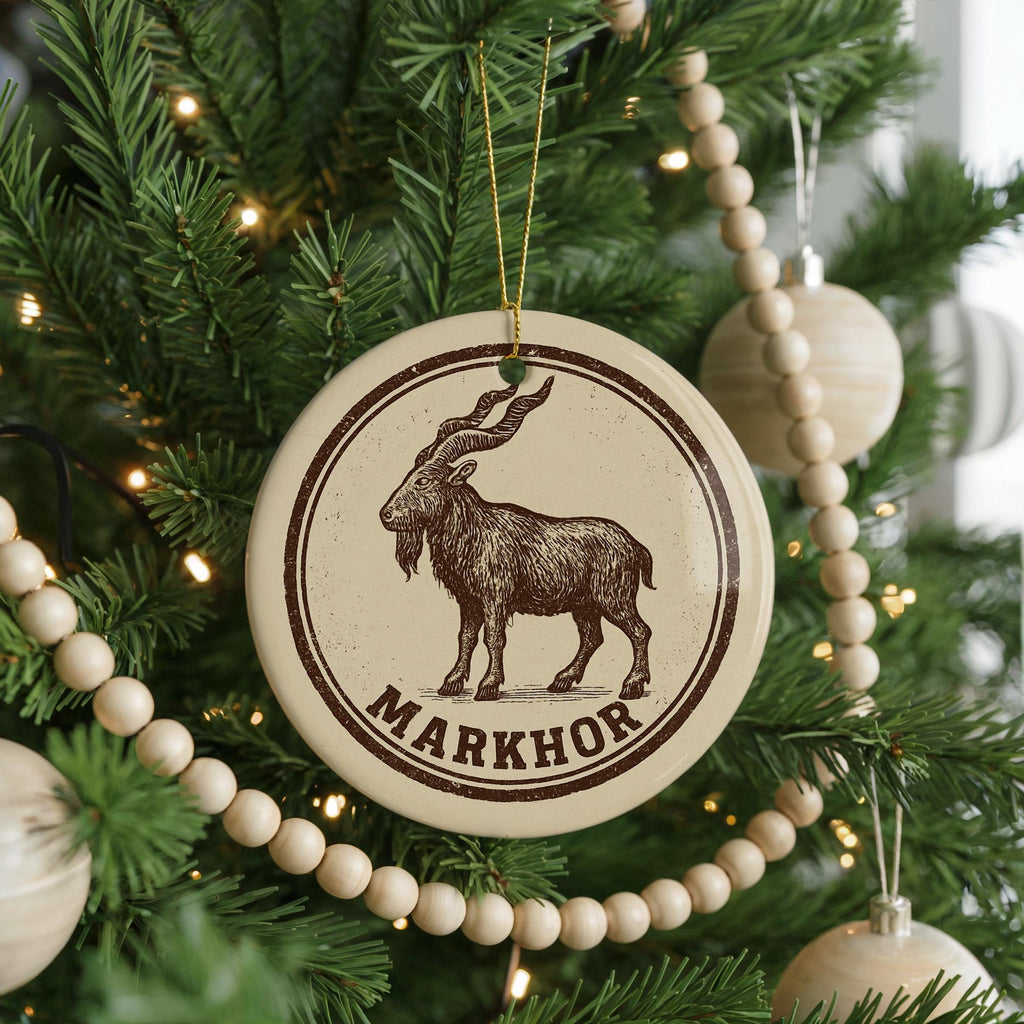 Markhor Ceramic Ornament – Circular Wildlife Stamp Art, Rustic Nature Holiday Decor, Handcrafted Animal Lover Gift — photo 1