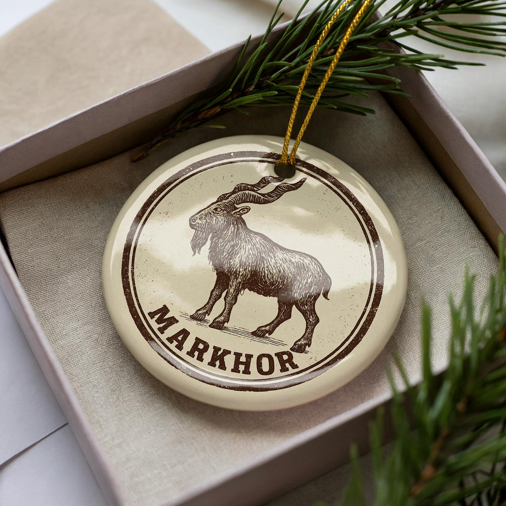 Markhor Ceramic Ornament – Circular Wildlife Stamp Art, Rustic Nature Holiday Decor, Handcrafted Animal Lover Gift — photo 3