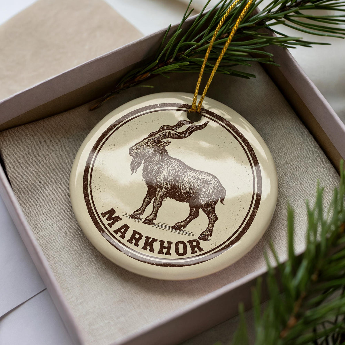 Markhor Ceramic Ornament – Circular Wildlife Stamp Art, Rustic Nature Holiday Decor, Handcrafted Animal Lover Gift — photo 3