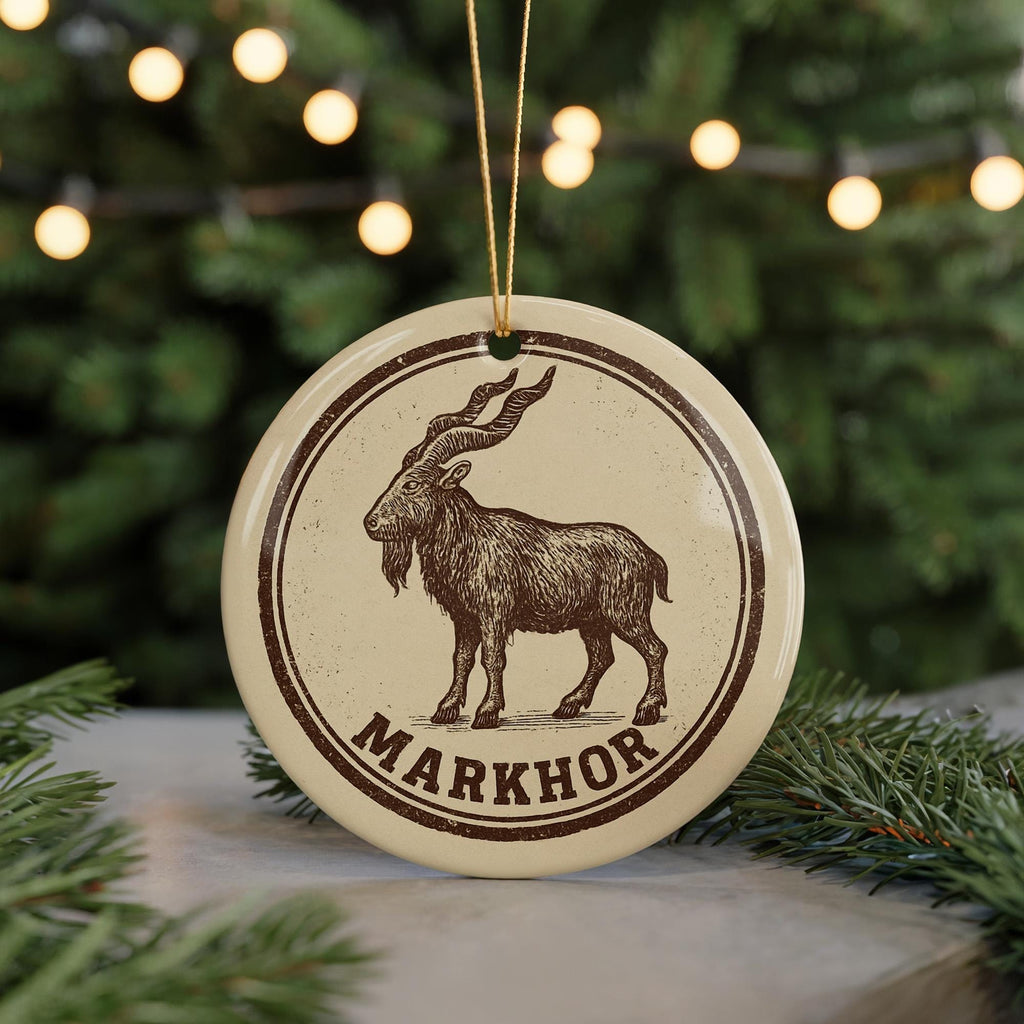 Markhor Ceramic Ornament – Circular Wildlife Stamp Art, Rustic Nature Holiday Decor, Handcrafted Animal Lover Gift — photo 5