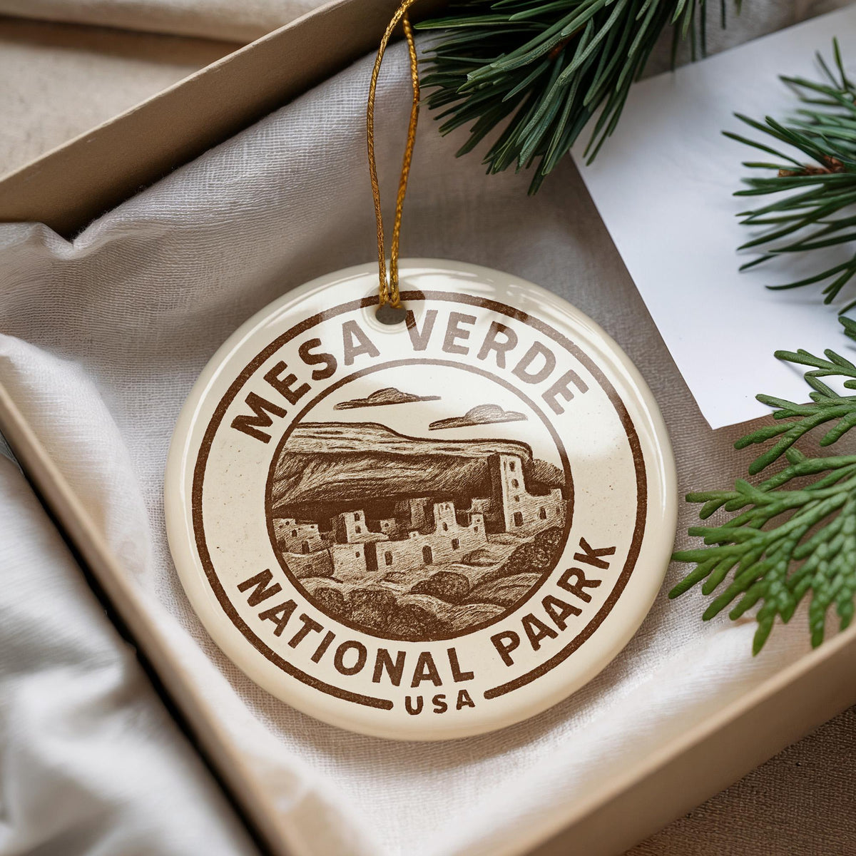 Mesa Verde National Park Ceramic Ornament – Circular Stamp Style Art, Rustic Southwest Holiday Decor, Nature Lover Gift — photo 1