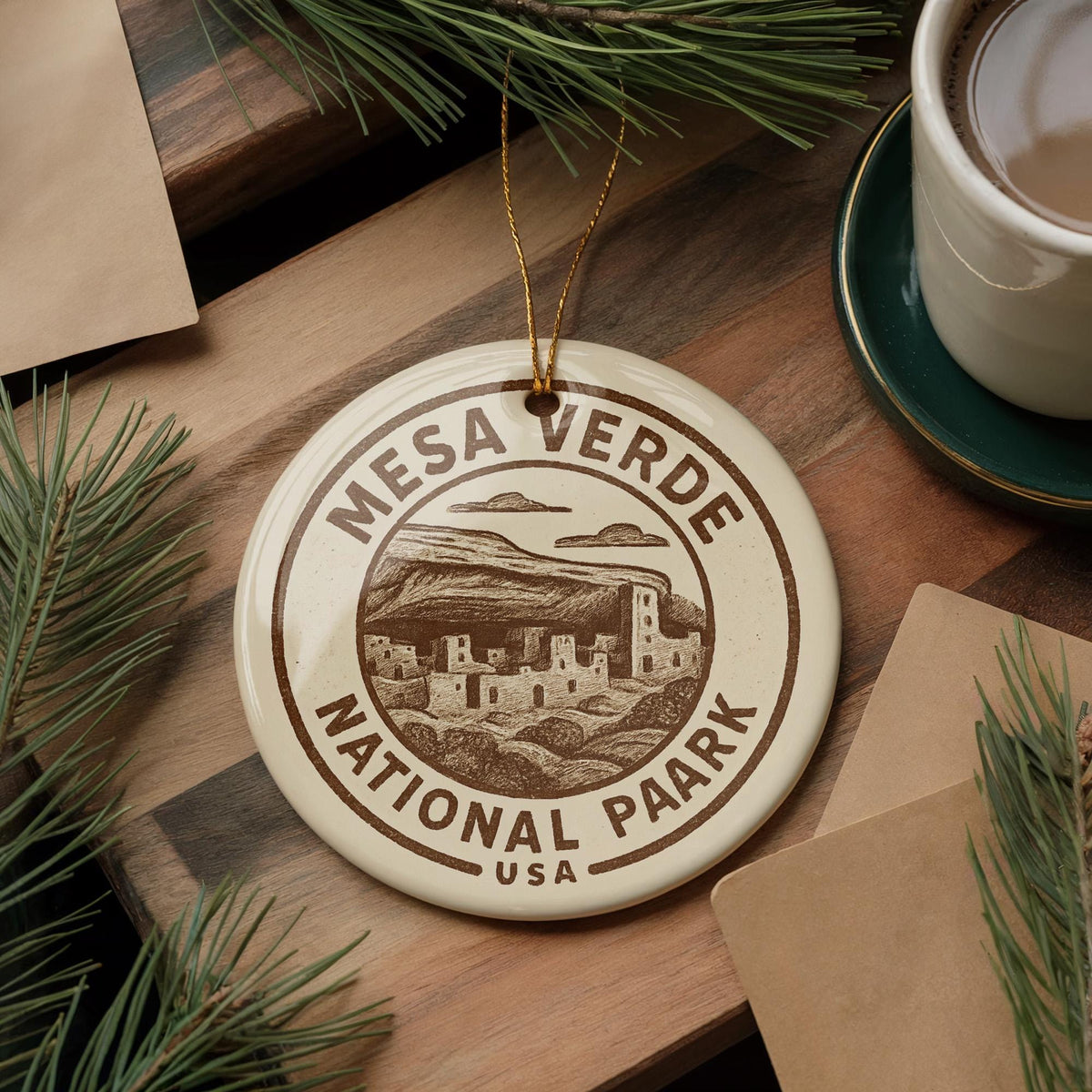 Mesa Verde National Park Ceramic Ornament – Circular Stamp Style Art, Rustic Southwest Holiday Decor, Nature Lover Gift — photo 4