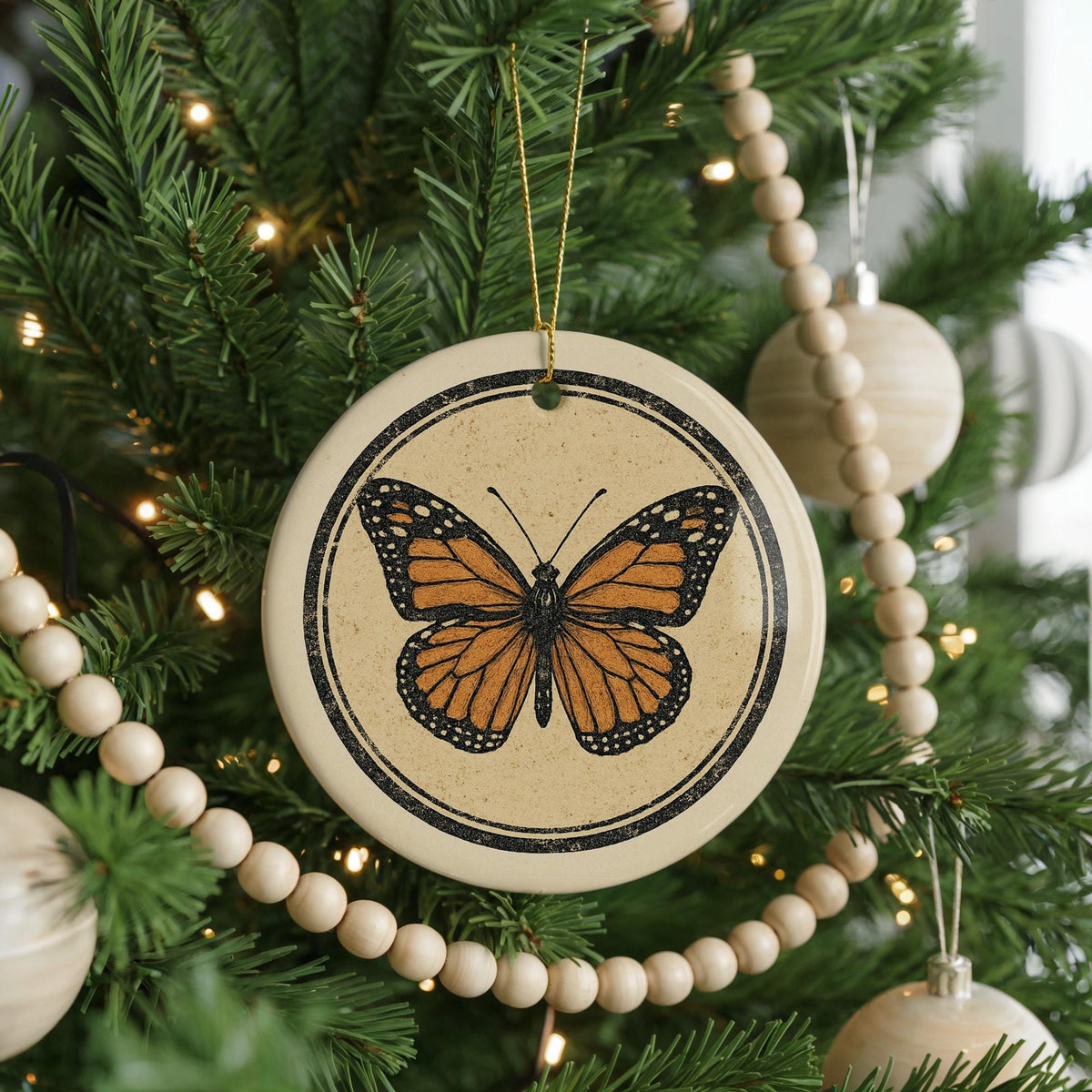 Monarch Butterfly Ceramic Ornament – Circular Stamp Style Nature Art, Handmade Insect Decor, Wildlife Hanging Keepsake — photo 1