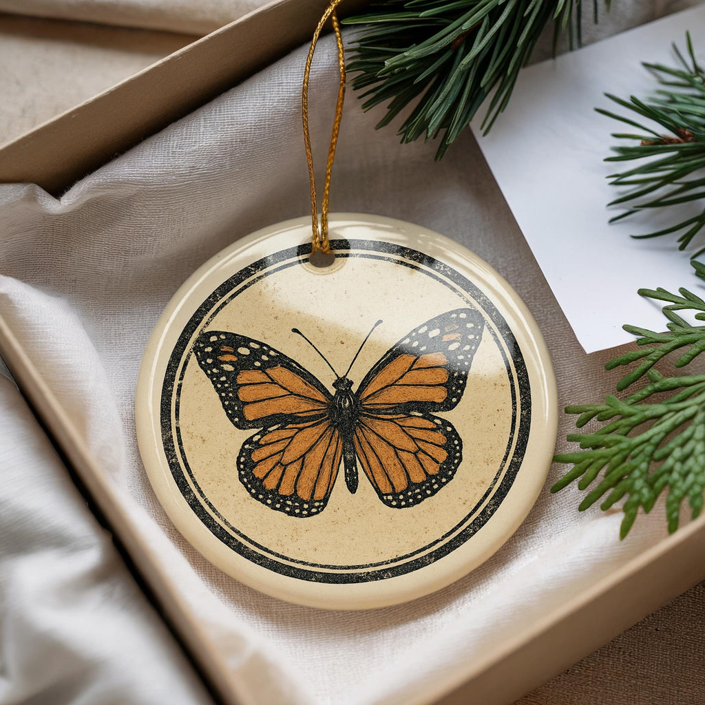 Monarch Butterfly Ceramic Ornament – Circular Stamp Style Nature Art, Handmade Insect Decor, Wildlife Hanging Keepsake — photo 2