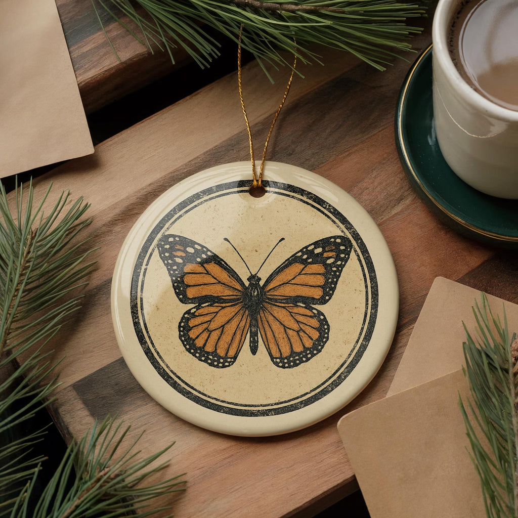Monarch Butterfly Ceramic Ornament – Circular Stamp Style Nature Art, Handmade Insect Decor, Wildlife Hanging Keepsake — photo 3