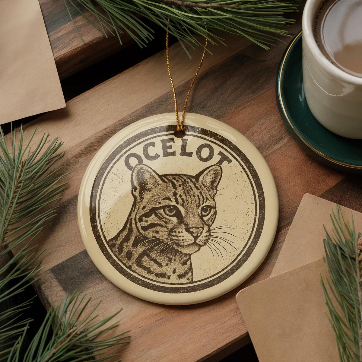 Ocelot Ceramic Ornament – Wildlife Circular Stamp Art, Handcrafted Jungle Cat Christmas Decor, Animal Lover Gift — photo 2