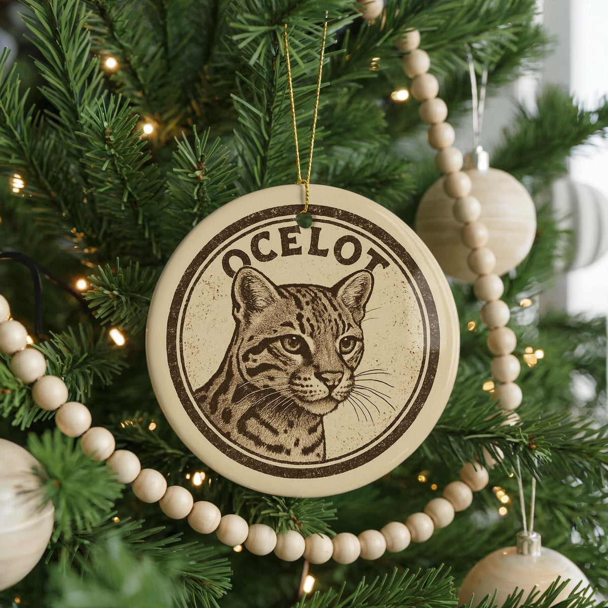 Ocelot Ceramic Ornament – Wildlife Circular Stamp Art, Handcrafted Jungle Cat Christmas Decor, Animal Lover Gift — photo 3