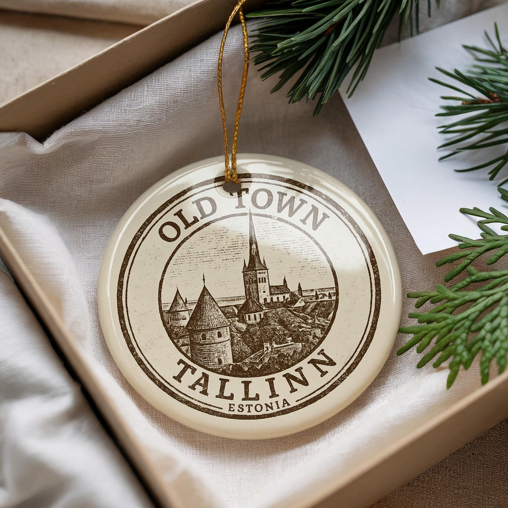 Old Town Tallinn E Ceramic Ornament – Circular Stamp Style Baltic Travel Souvenir, European Cityscape Keepsake Decor — photo 1