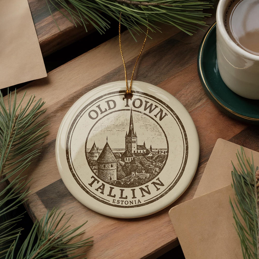 Old Town Tallinn E Ceramic Ornament – Circular Stamp Style Baltic Travel Souvenir, European Cityscape Keepsake Decor — photo 2