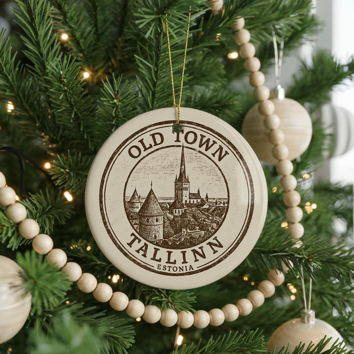 Old Town Tallinn E Ceramic Ornament – Circular Stamp Style Baltic Travel Souvenir, European Cityscape Keepsake Decor — photo 3