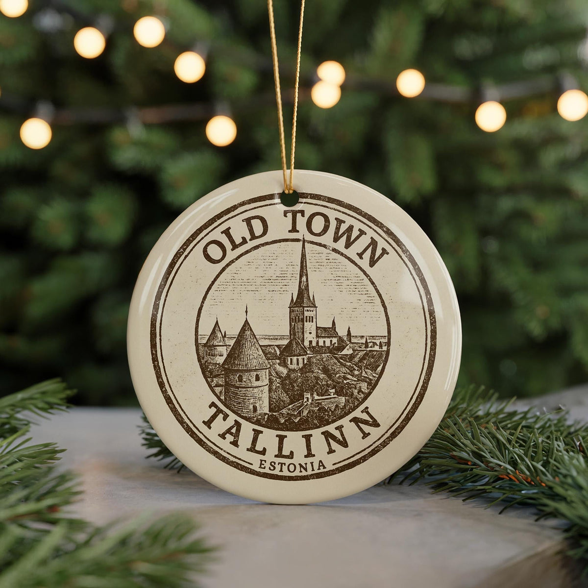 Old Town Tallinn E Ceramic Ornament – Circular Stamp Style Baltic Travel Souvenir, European Cityscape Keepsake Decor — photo 5