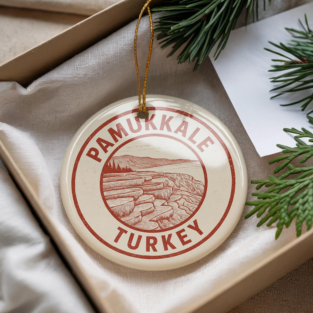 Pamukkale Turkey Ceramic Ornament – Circular Travel Stamp Style Souvenir, Handcrafted Holiday Gift, Turkish Wall Decor — photo 1