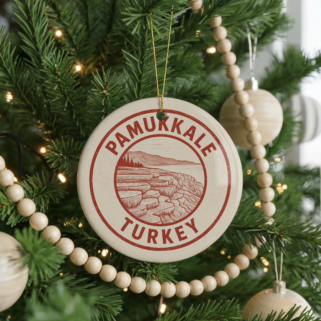 Pamukkale Turkey Ceramic Ornament – Circular Travel Stamp Style Souvenir, Handcrafted Holiday Gift, Turkish Wall Decor — photo 2