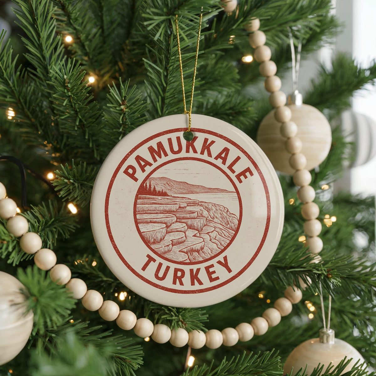 Pamukkale Turkey Ceramic Ornament – Circular Travel Stamp Style Souvenir, Handcrafted Holiday Gift, Turkish Wall Decor — photo 2