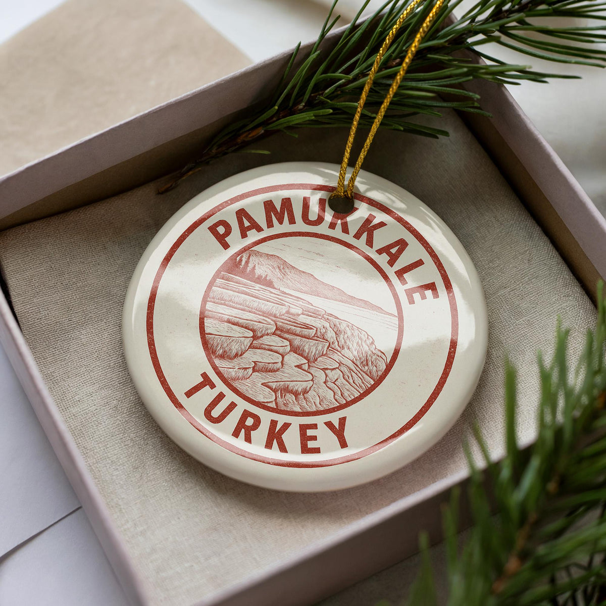 Pamukkale Turkey Ceramic Ornament – Circular Travel Stamp Style Souvenir, Handcrafted Holiday Gift, Turkish Wall Decor — photo 3