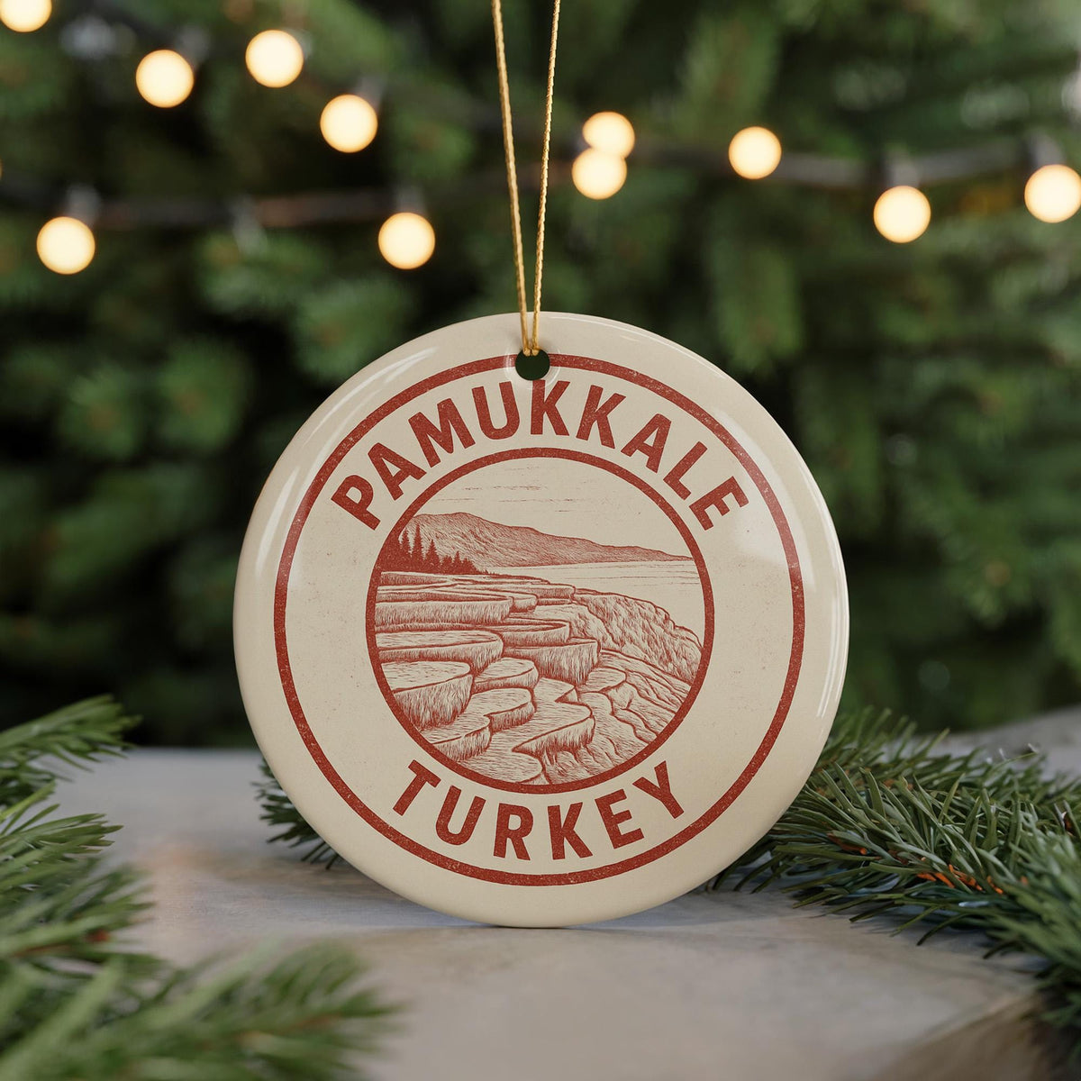 Pamukkale Turkey Ceramic Ornament – Circular Travel Stamp Style Souvenir, Handcrafted Holiday Gift, Turkish Wall Decor — photo 5