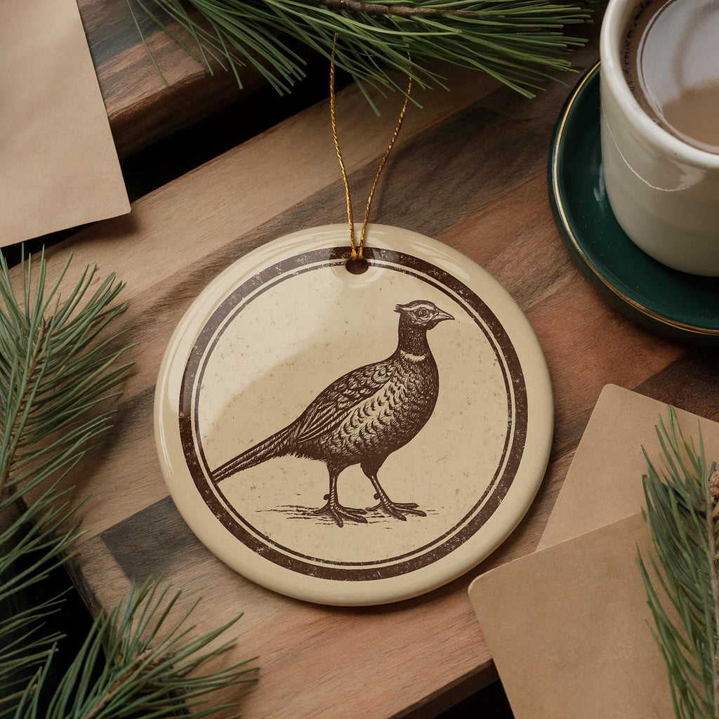 Pheasant Ceramic Ornament – Rustic Circular Stamp Art, Woodland Bird Holiday Decor, Nature Lover Gift, Farmhouse Christmas — photo 1
