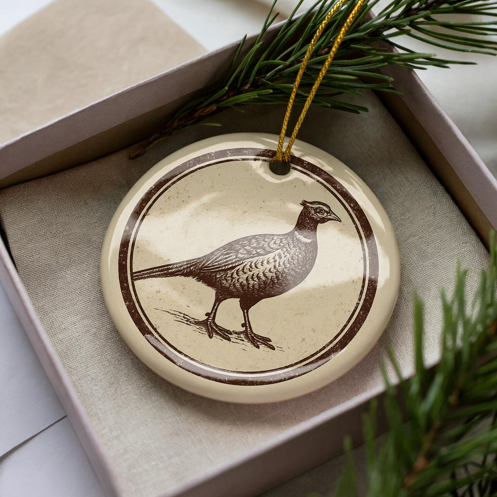 Pheasant Ceramic Ornament – Rustic Circular Stamp Art, Woodland Bird Holiday Decor, Nature Lover Gift, Farmhouse Christmas — photo 2