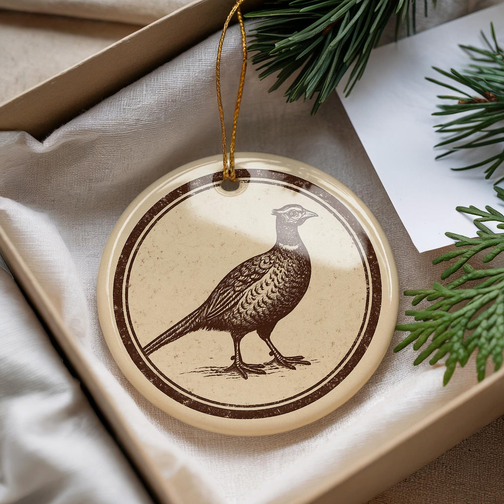 Pheasant Ceramic Ornament – Rustic Circular Stamp Art, Woodland Bird Holiday Decor, Nature Lover Gift, Farmhouse Christmas — photo 3