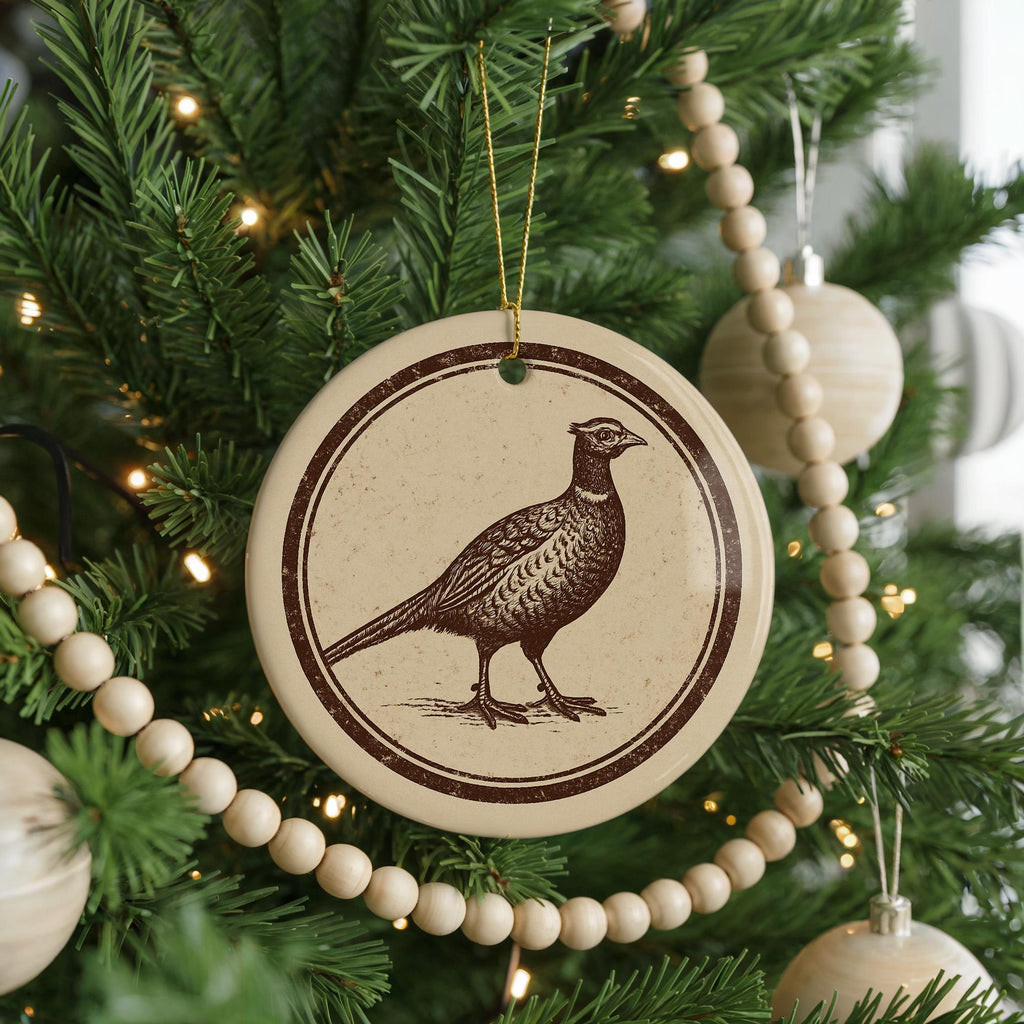 Pheasant Ceramic Ornament – Rustic Circular Stamp Art, Woodland Bird Holiday Decor, Nature Lover Gift, Farmhouse Christmas — photo 4