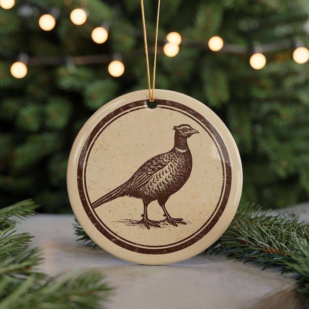 Pheasant Ceramic Ornament – Rustic Circular Stamp Art, Woodland Bird Holiday Decor, Nature Lover Gift, Farmhouse Christmas — photo 5