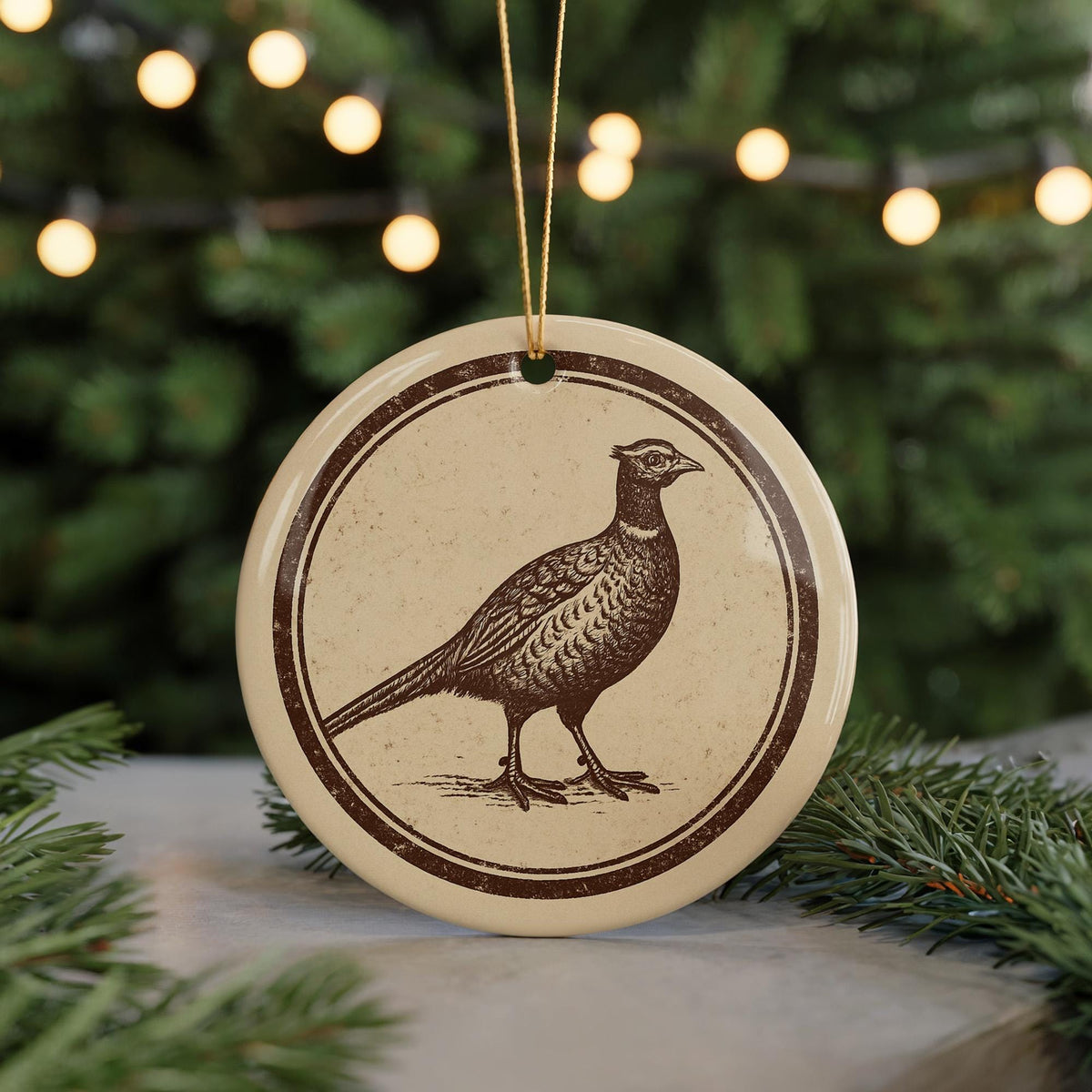 Pheasant Ceramic Ornament – Rustic Circular Stamp Art, Woodland Bird Holiday Decor, Nature Lover Gift, Farmhouse Christmas — photo 5