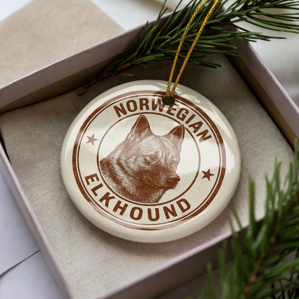 Norwegian Elkhound Ceramic Ornament – Circular Stamp Style Dog Art, Nordic Holiday Decor, Gift for Elkhound Lovers — photo 3