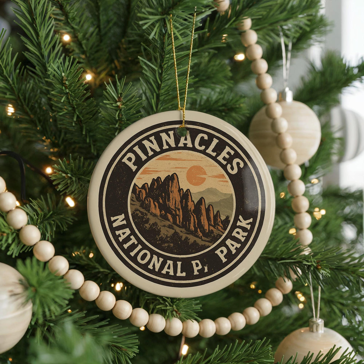 Pinnacles National Park Ceramic Ornament – Circular Stamp Style Nature Art, Travel Gift, Rustic Holiday Decor Keepsake — photo 1