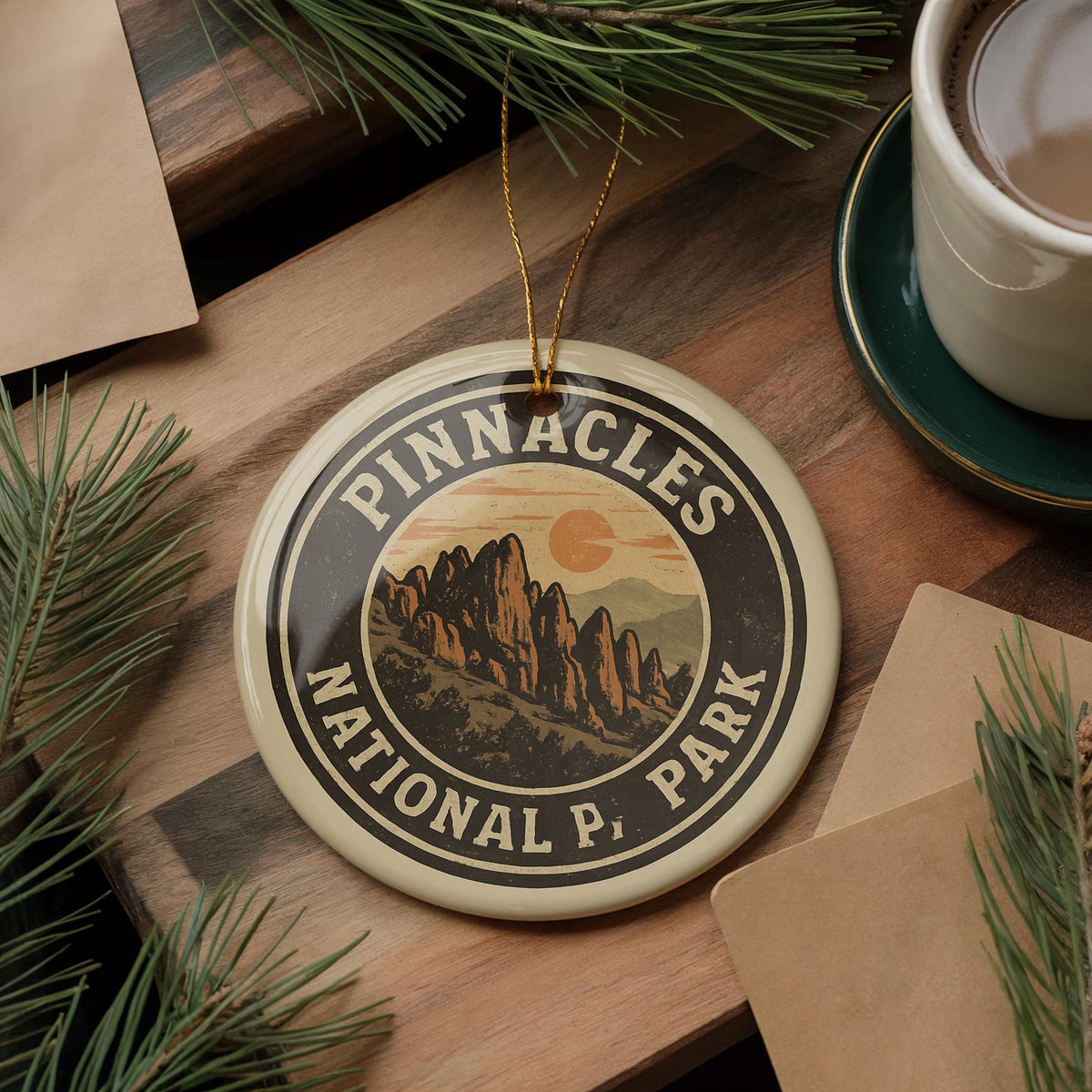 Pinnacles National Park Ceramic Ornament – Circular Stamp Style Nature Art, Travel Gift, Rustic Holiday Decor Keepsake — photo 2