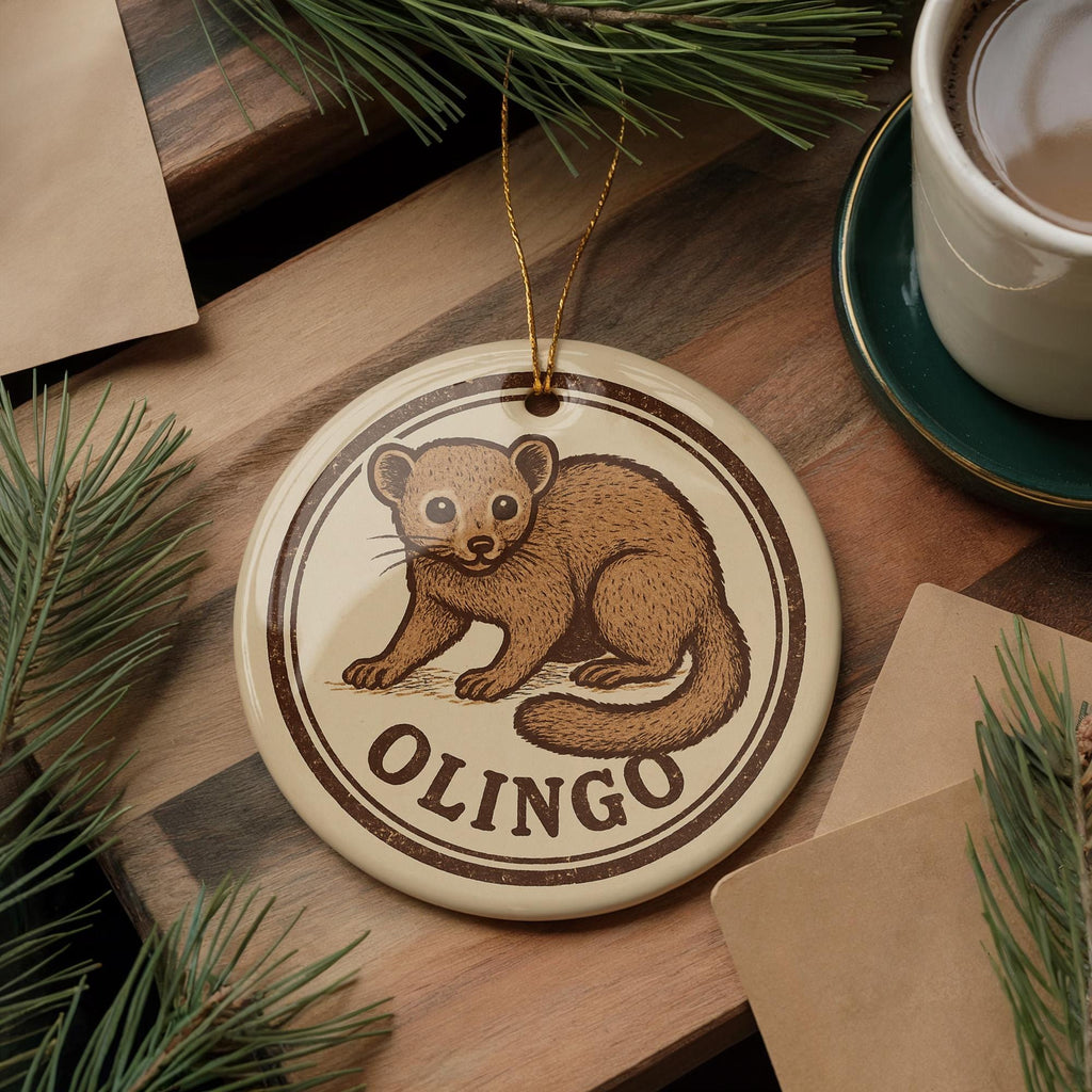 Olingo Ceramic Ornament – Circular Wildlife Stamp Art, Handcrafted Jungle Animal Decor, Nature Lover Gift — photo 1