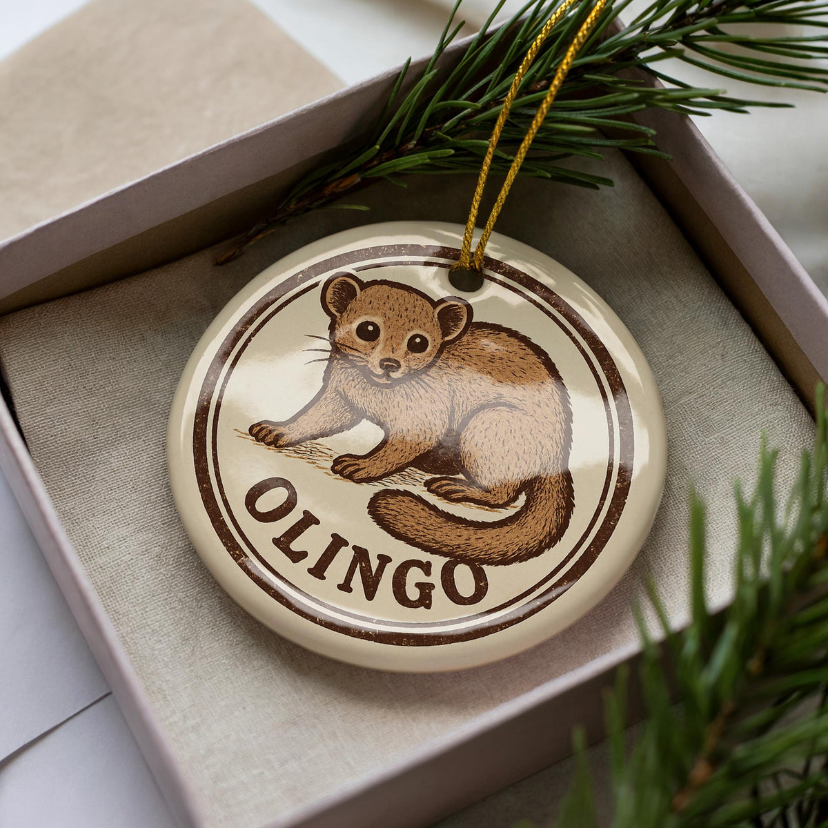 Olingo Ceramic Ornament – Circular Wildlife Stamp Art, Handcrafted Jungle Animal Decor, Nature Lover Gift — photo 2