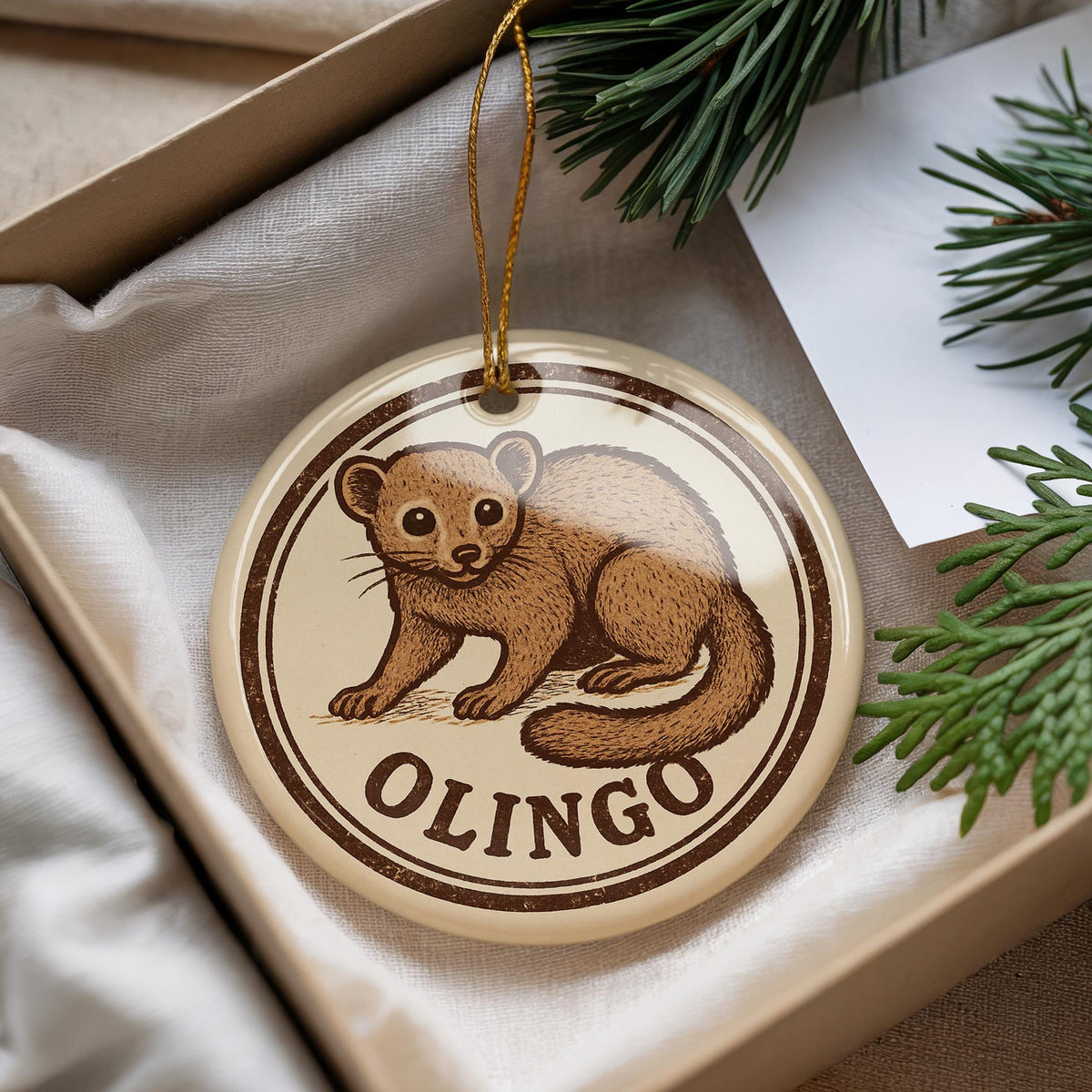 Olingo Ceramic Ornament – Circular Wildlife Stamp Art, Handcrafted Jungle Animal Decor, Nature Lover Gift — photo 3
