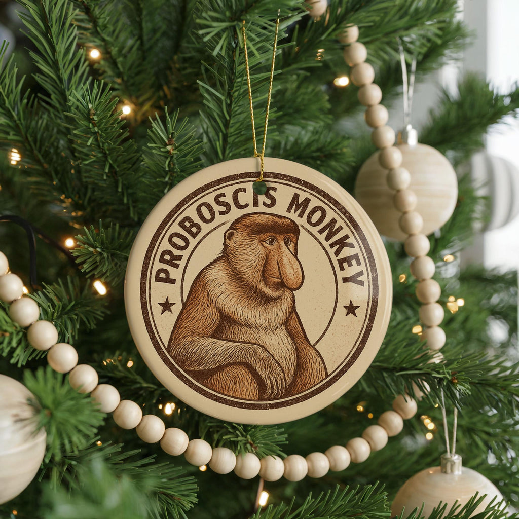 Proboscis Monkey Ceramic Ornament – Round Wildlife Stamp Art, Unique Animal Lover Gift, Handcrafted Nature Decor — photo 2