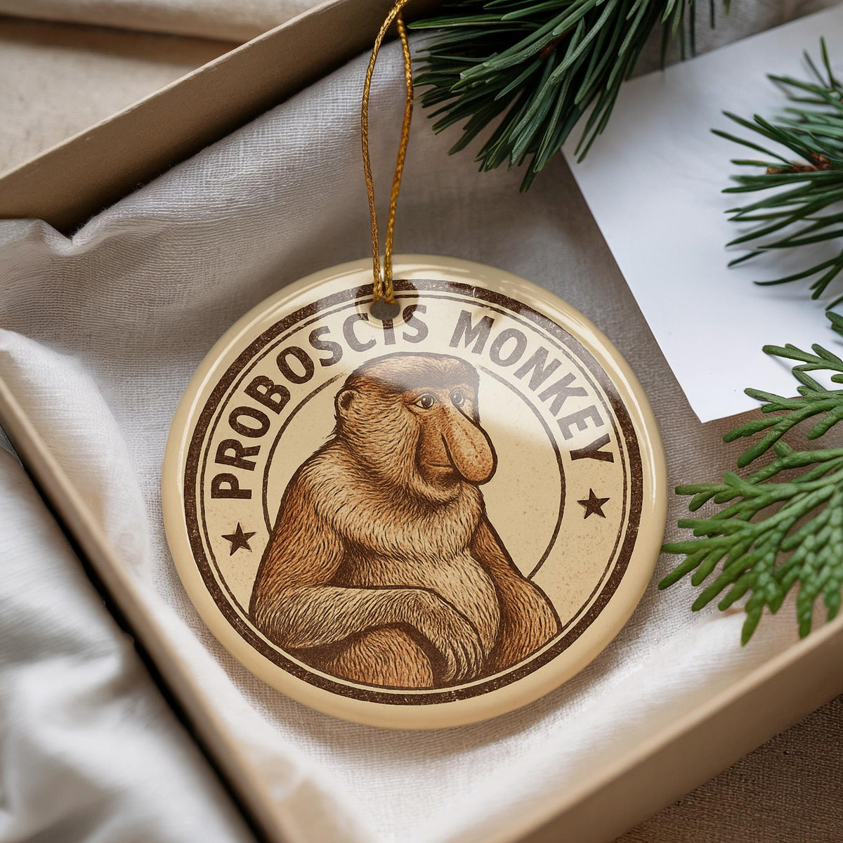 Proboscis Monkey Ceramic Ornament – Round Wildlife Stamp Art, Unique Animal Lover Gift, Handcrafted Nature Decor — photo 3