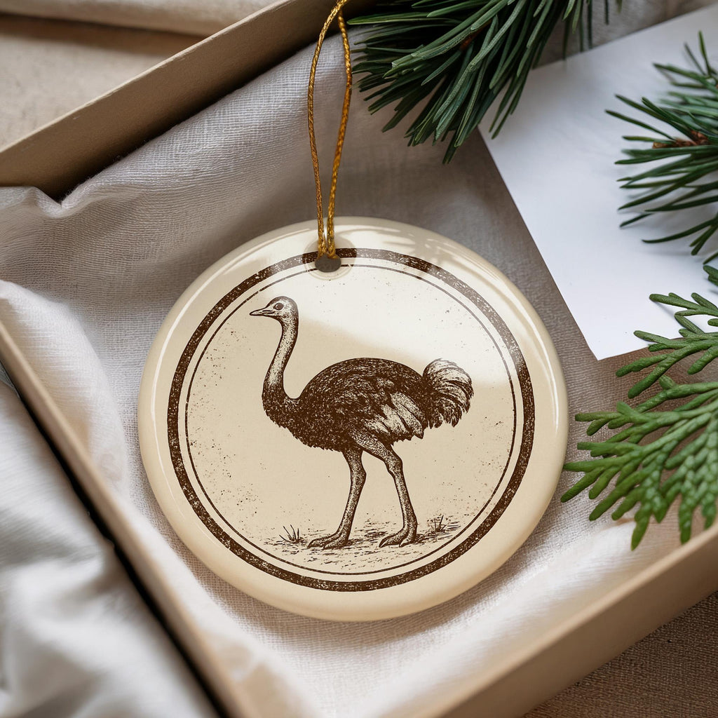 Ostrich Ceramic Ornament – Circular Stamp Style Animal Art, Rustic Wildlife Christmas Decor, Handmade Pottery Keepsake Gift — photo 1