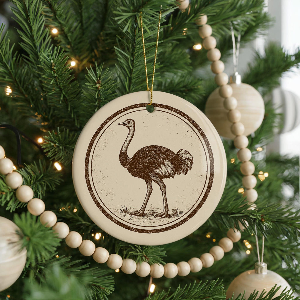 Ostrich Ceramic Ornament – Circular Stamp Style Animal Art, Rustic Wildlife Christmas Decor, Handmade Pottery Keepsake Gift — photo 2