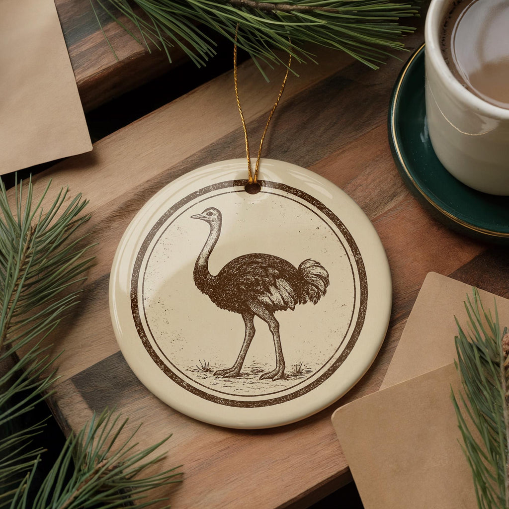 Ostrich Ceramic Ornament – Circular Stamp Style Animal Art, Rustic Wildlife Christmas Decor, Handmade Pottery Keepsake Gift — photo 4
