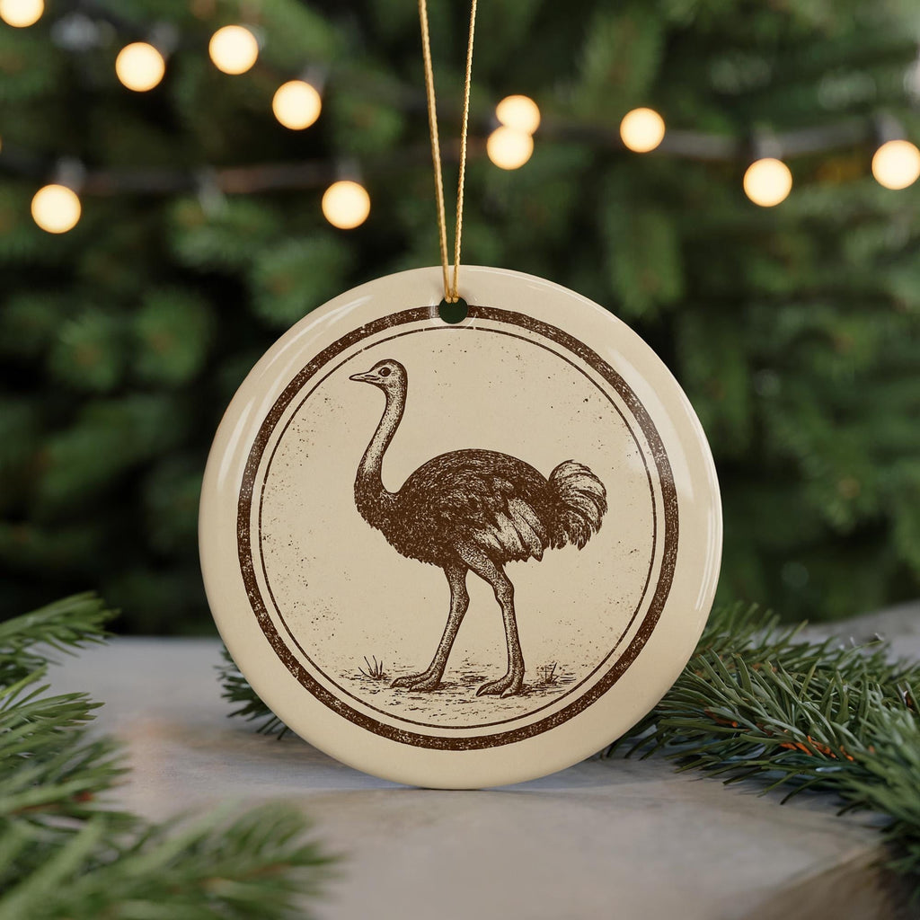 Ostrich Ceramic Ornament – Circular Stamp Style Animal Art, Rustic Wildlife Christmas Decor, Handmade Pottery Keepsake Gift — photo 5