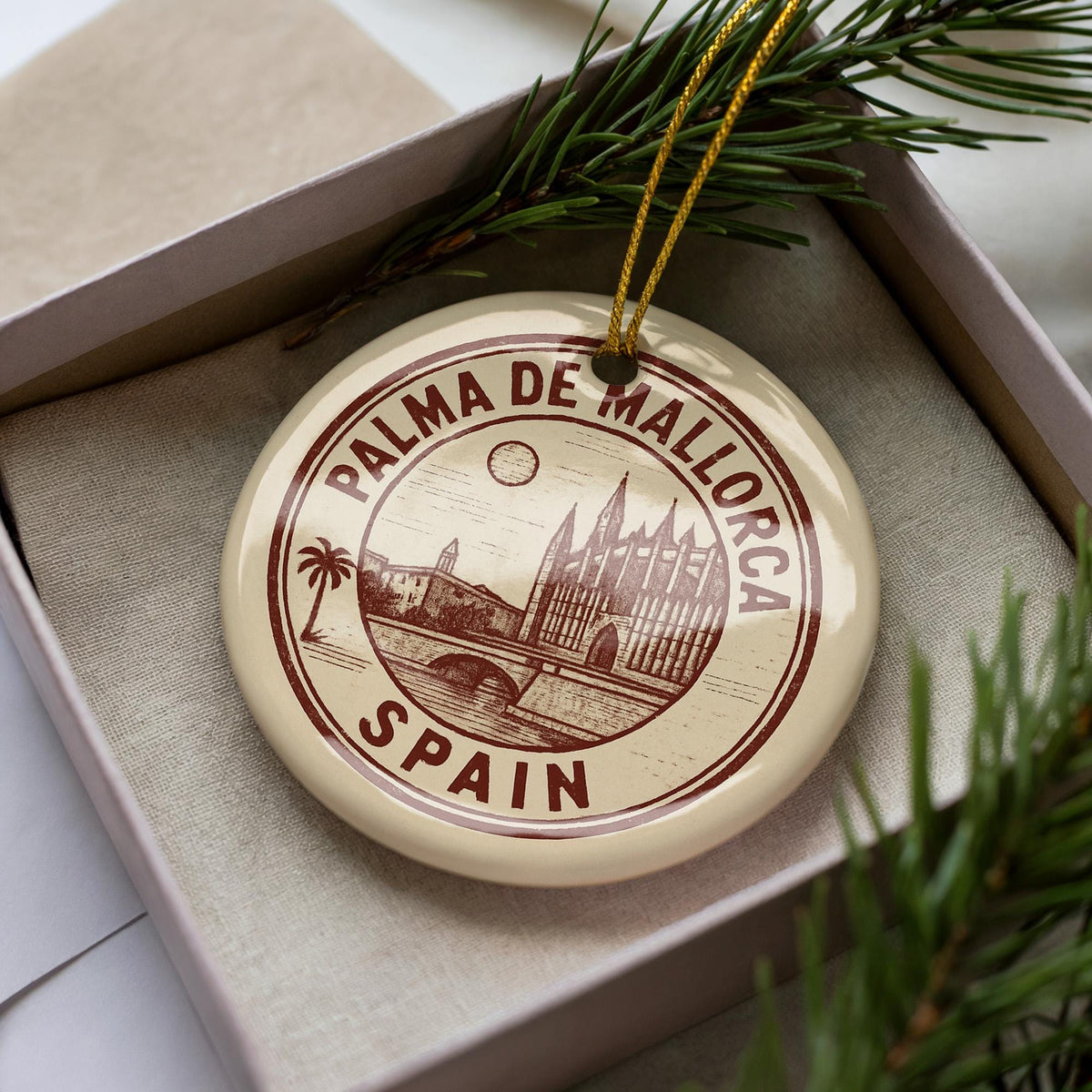 Palma de Mallorca Ceramic Ornament – Circular Stamp Style Travel Souvenir, Spain Keepsake Holiday Decoration — photo 3