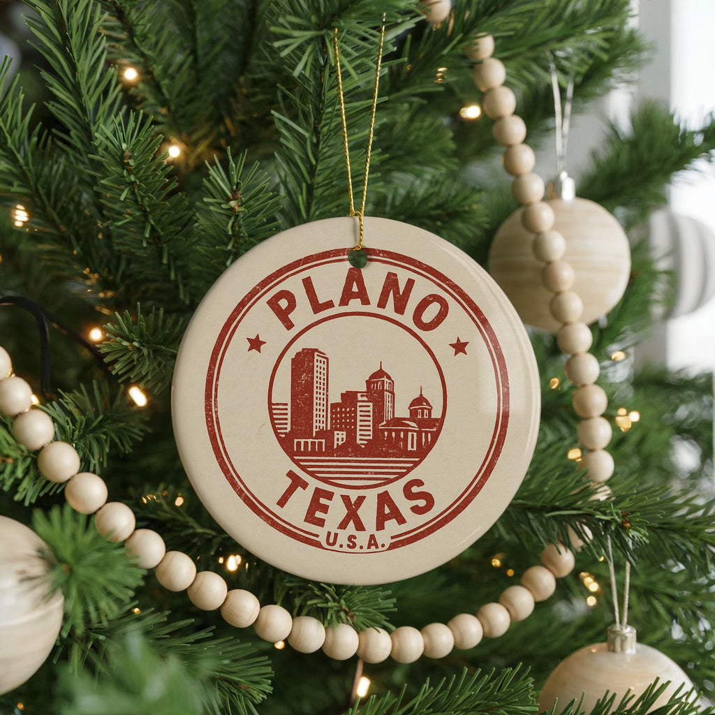 Plano Texas Ornament – Circular Stamp Style Ceramic Keepsake, Vintage City Map Design, Texas Souvenir Christmas Decoration — photo 2