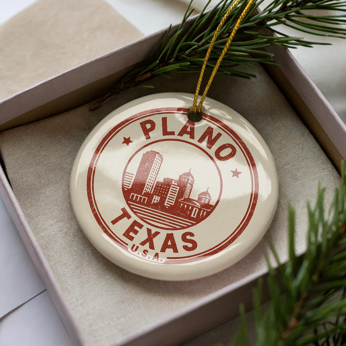 Plano Texas Ornament – Circular Stamp Style Ceramic Keepsake, Vintage City Map Design, Texas Souvenir Christmas Decoration — photo 3