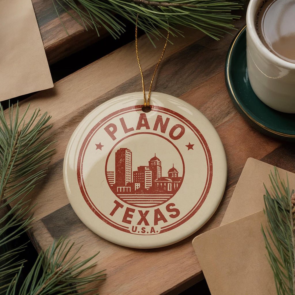 Plano Texas Ornament – Circular Stamp Style Ceramic Keepsake, Vintage City Map Design, Texas Souvenir Christmas Decoration — photo 4